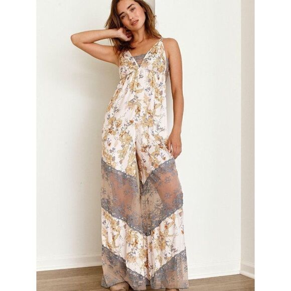 NEW FREE PEOPLE Sz S LOVE LETTER PRINTED ONE PIECE WIDE LEG JUMPSUIT - Picture 2 of 2